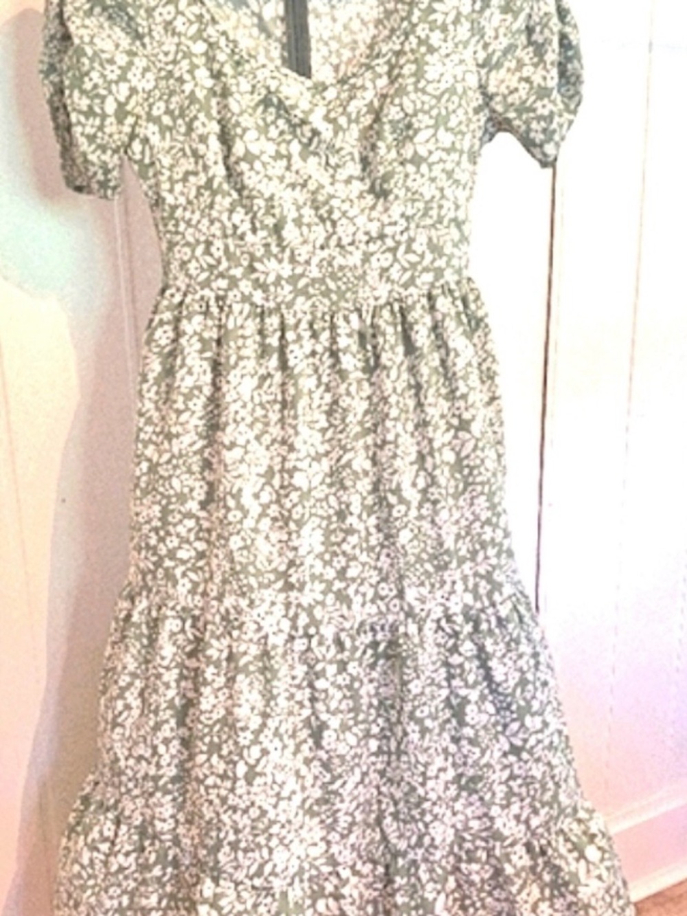 Sage Green and White Midi Emerson Smocked Square Neck Dress - Picture 3 of 3